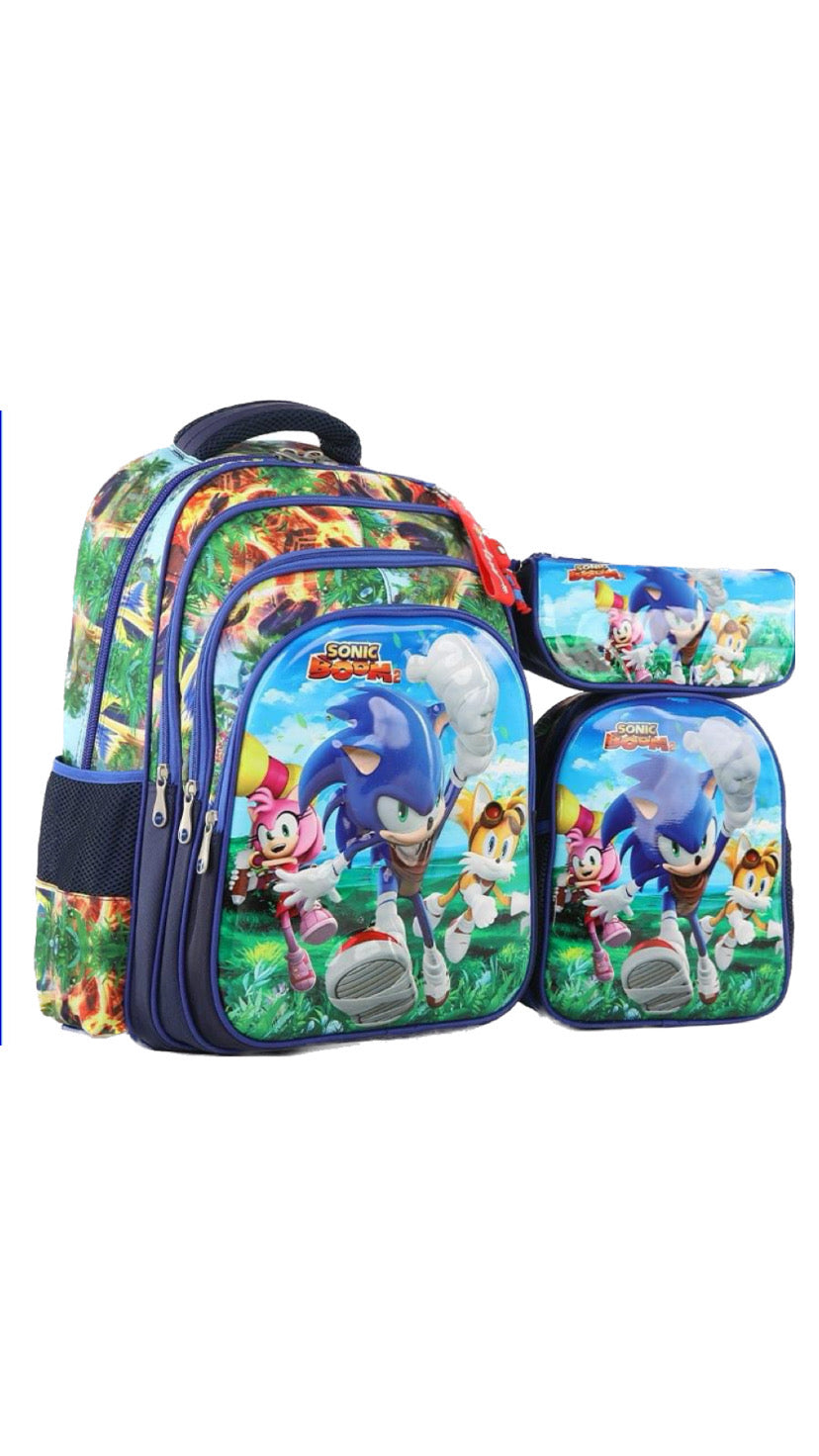Three M School Bag Set + Lunch bag + Pencil Case Size 18 -Sonic
