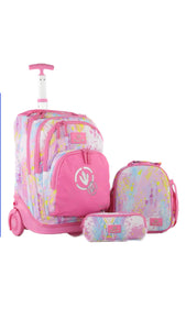 Three M Rockey Trolley School Bag Set Size 20 - Colorful Pink