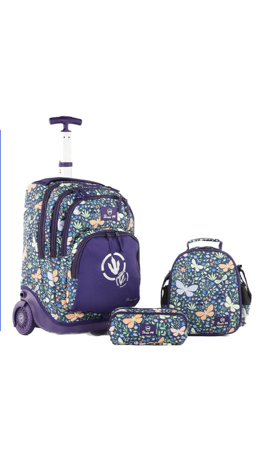 Three M Rockey Trolley School Bag Set Size 20 - Blue Butterflies