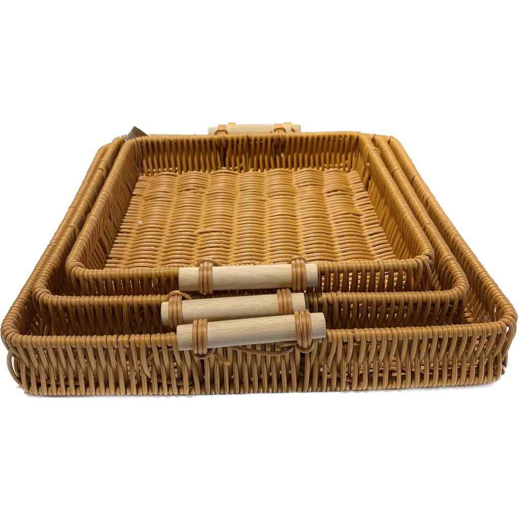 Strong Wicker Tray Set with Wooden Hand